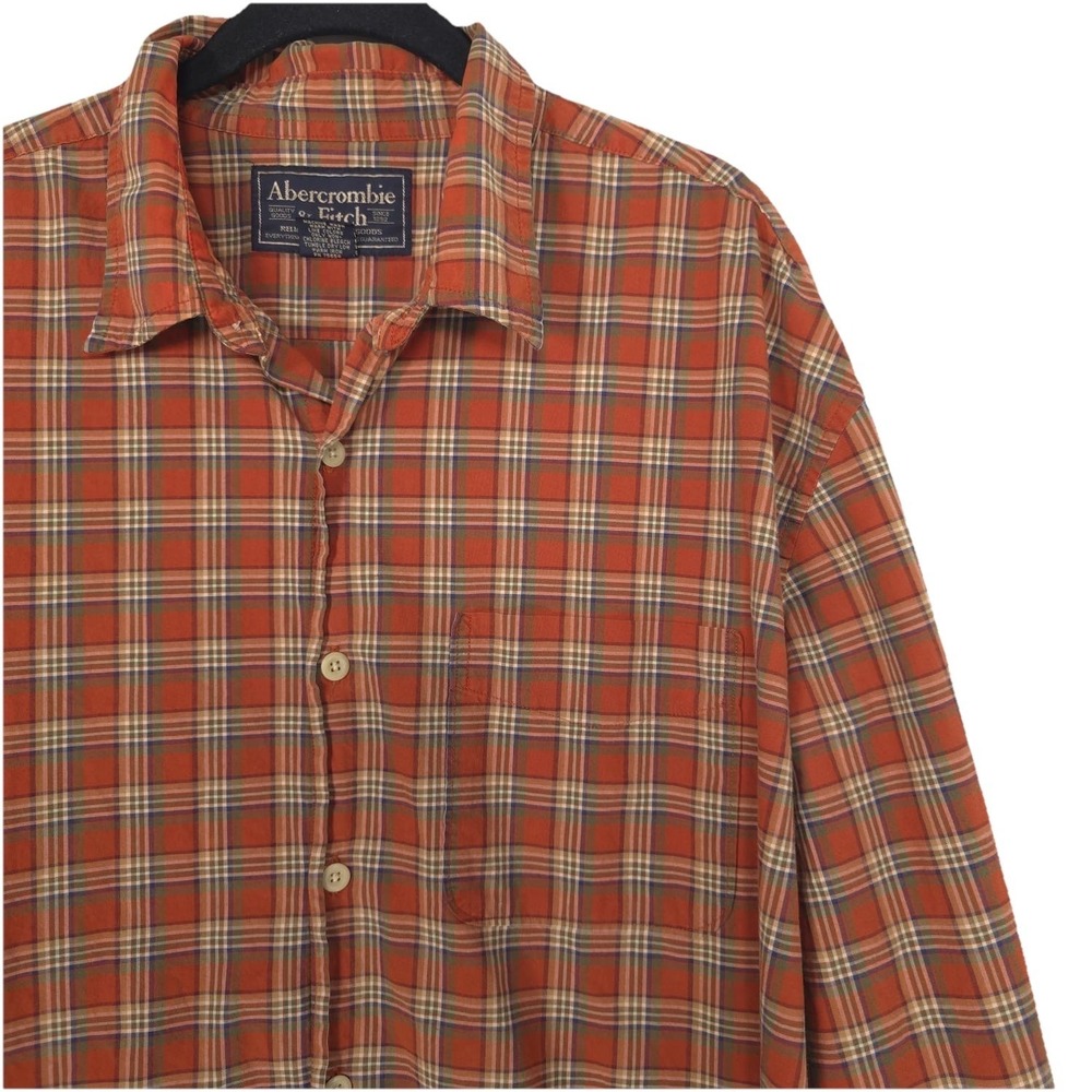 Abercrombie & Fitch Shirt XL Plaid Check Longβ Sleeve Button Up Orange Y2K Retro